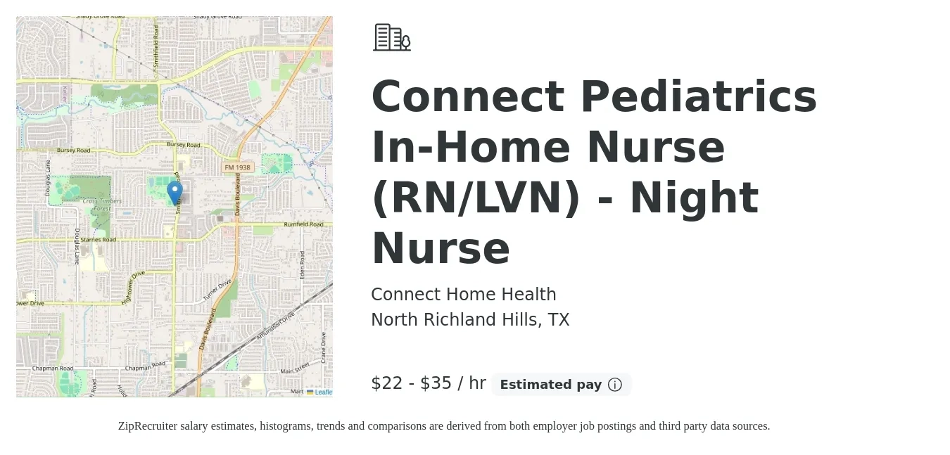 Connect Home Health job posting for a Connect Pediatrics In-Home Nurse (RN/LVN) - Night Nurse in North Richland Hills, TX with a salary of $23 to $37 Hourly with a map of North Richland Hills location.