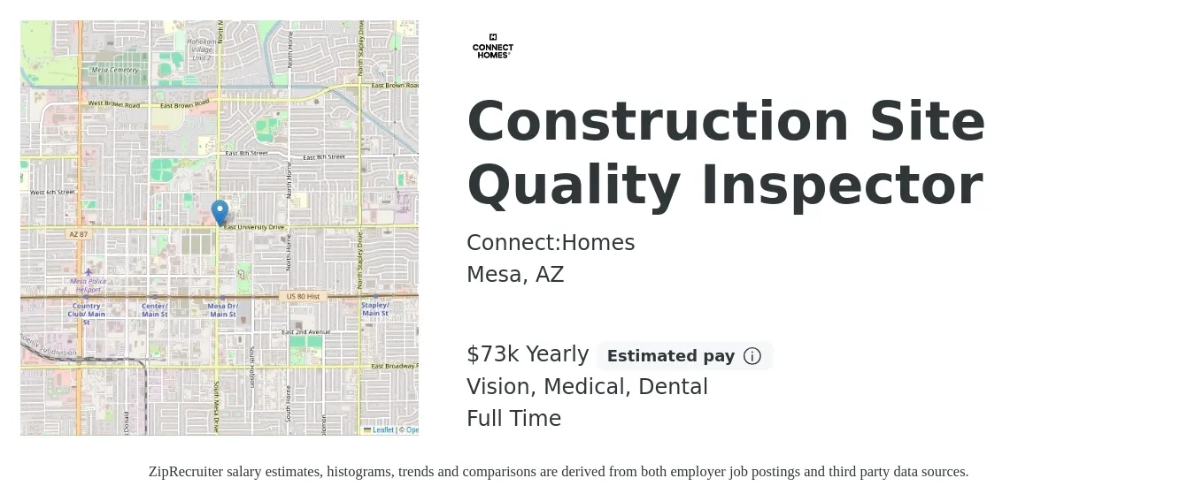 Connect:Homes job posting for a Construction Site Quality Inspector in Mesa, AZ with a salary of $73,000 Yearly and benefits including medical, pto, retirement, vision, dental, and life_insurance with a map of Mesa location.