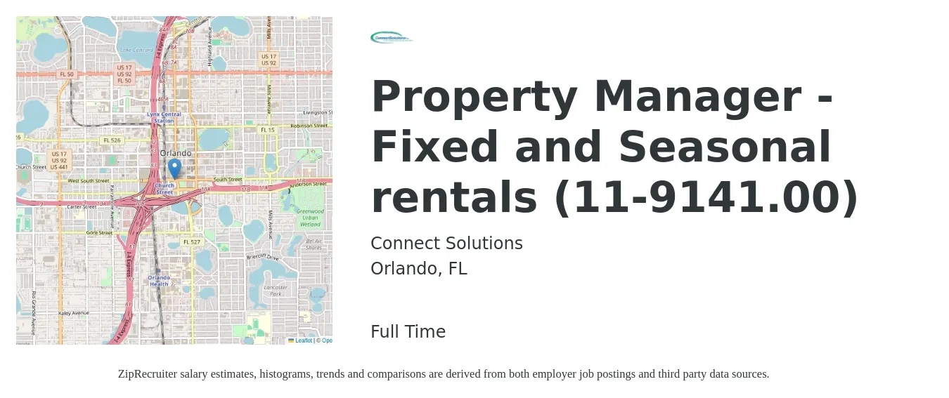 Connect Solutions job posting for a Property Manager - Fixed and Seasonal rentals (11-9141.00) in Orlando, FL with a salary of $29,224 Yearly with a map of Orlando location.