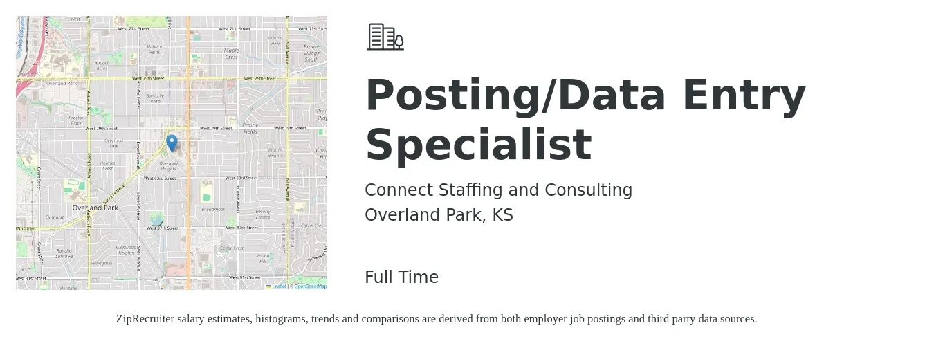 Connect Staffing and Consulting job posting for a Posting/Data Entry Specialist in Overland Park, KS with a salary of $17 to $22 Hourly with a map of Overland Park location.