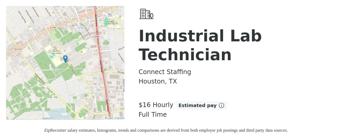 Connect Staffing job posting for a Industrial Lab Technician in Houston, TX with a salary of $17 Hourly with a map of Houston location.