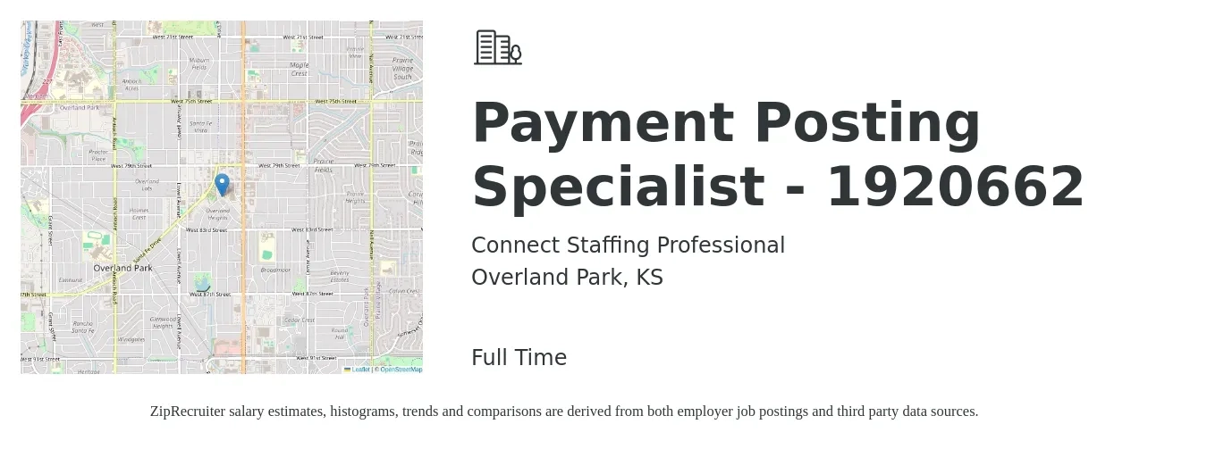 Connect Staffing Professional job posting for a Payment Posting Specialist - 1920662 in Overland Park, KS with a salary of $18 to $25 Hourly with a map of Overland Park location.