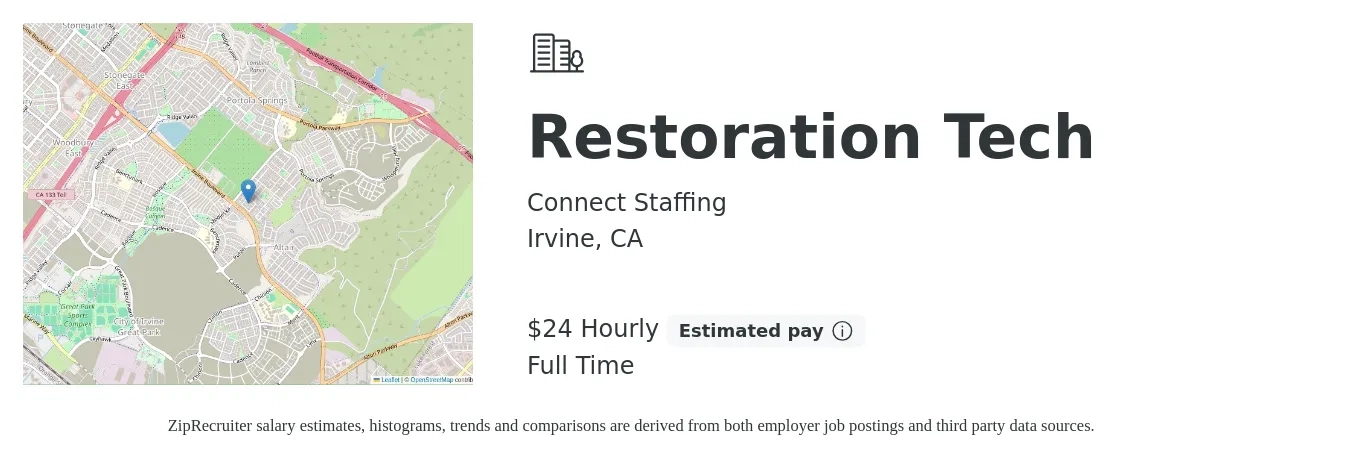 Connect Staffing job posting for a Restoration Tech in Irvine, CA with a salary of $25 Hourly with a map of Irvine location.