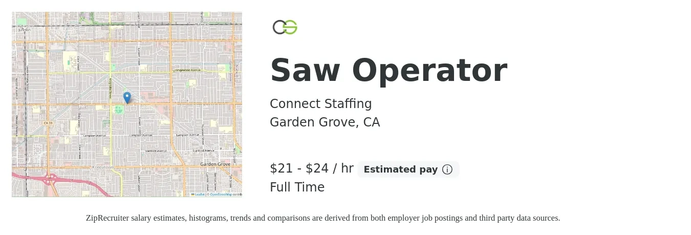 Connect Staffing job posting for a Saw Operator in Garden Grove, CA with a salary of $22 to $25 Hourly with a map of Garden Grove location.