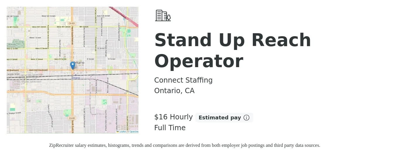 Connect Staffing job posting for a Stand Up Reach Operator in Ontario, CA with a salary of $17 Hourly with a map of Ontario location.