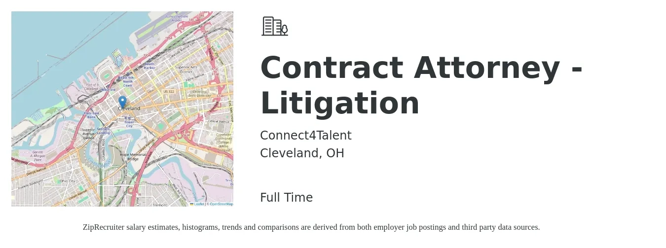 Connect4Talent job posting for a Contract Attorney - Litigation in Cleveland, OH with a salary of $98,000 to $146,900 Yearly with a map of Cleveland location.
