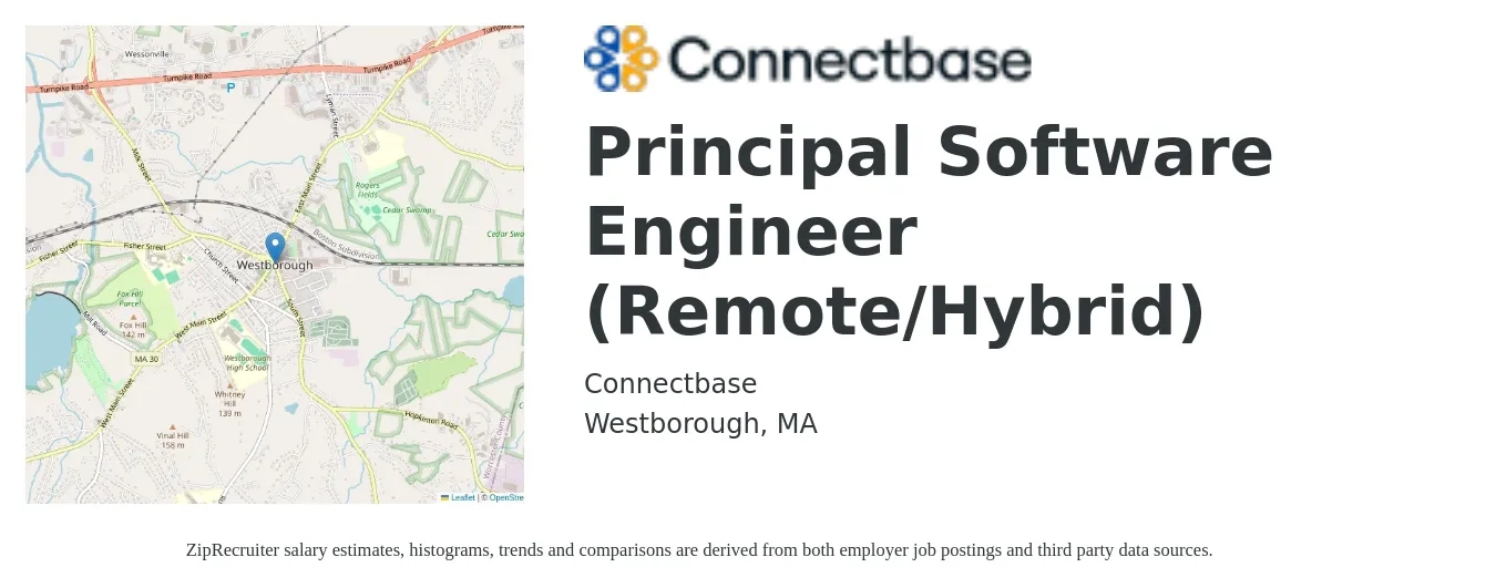 Connectbase job posting for a Principal Software Engineer (Remote/Hybrid) in Westborough, MA with a salary of $139,100 to $186,500 Yearly with a map of Westborough location.