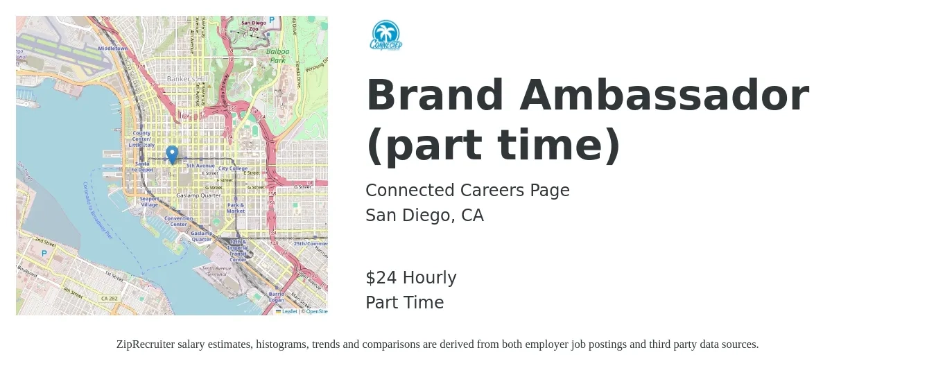 Connected Careers Page job posting for a Brand Ambassador (part time) in San Diego, CA with a salary of $25 Hourly with a map of San Diego location.