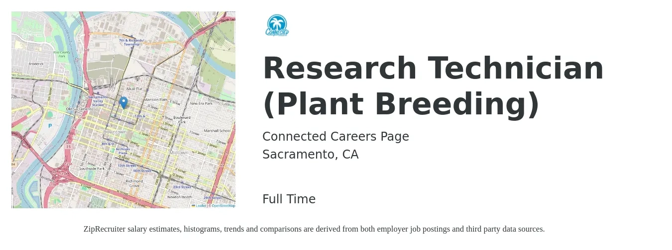 Connected Careers Page job posting for a Research Technician (Plant Breeding) in Sacramento, CA with a salary of $20 to $30 Hourly with a map of Sacramento location.
