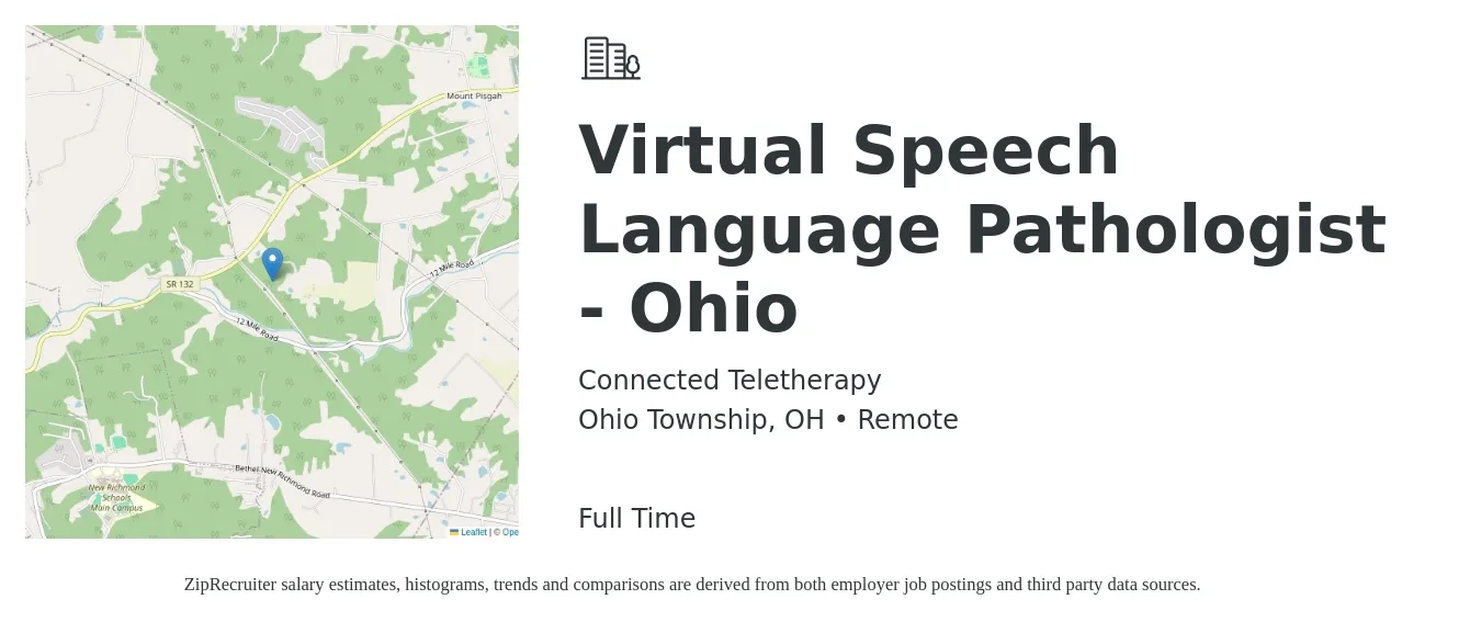 Connected Teletherapy job posting for a Virtual Speech Language Pathologist - Ohio in Ohio Township, OH with a salary of $40 to $60 Hourly with a map of Ohio Township location.