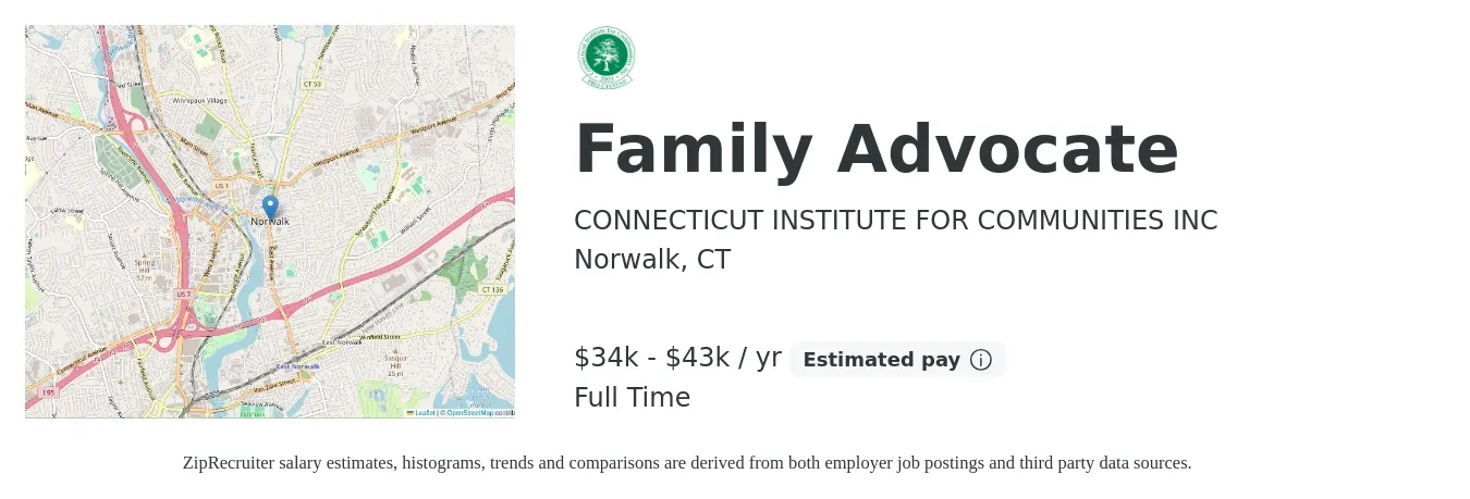 CONNECTICUT INSTITUTE FOR COMMUNITIES INC job posting for a Family Advocate in Norwalk, CT with a salary of $34,000 to $43,000 Yearly with a map of Norwalk location.