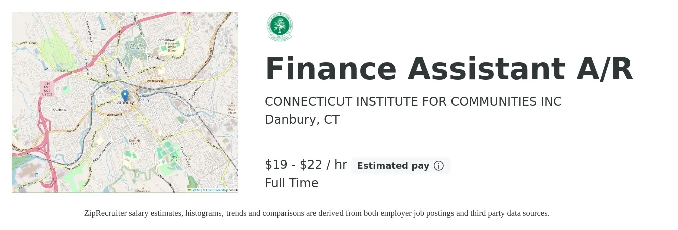 CONNECTICUT INSTITUTE FOR COMMUNITIES INC job posting for a Finance Assistant A/R in Danbury, CT with a salary of $20 to $23 Hourly with a map of Danbury location.
