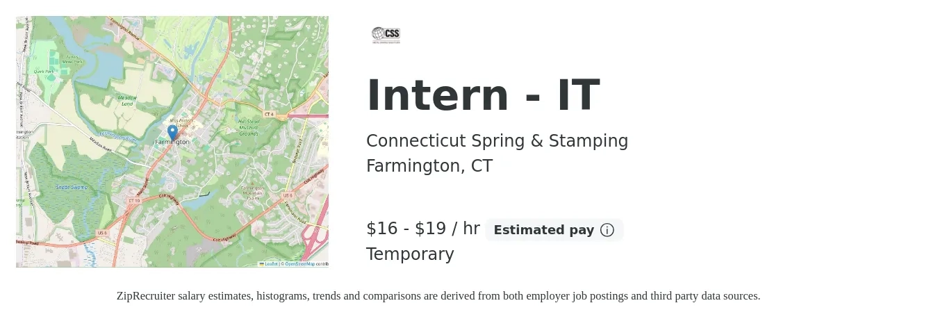Connecticut Spring & Stamping job posting for a Intern - IT in Farmington, CT with a salary of $17 to $20 Hourly with a map of Farmington location.