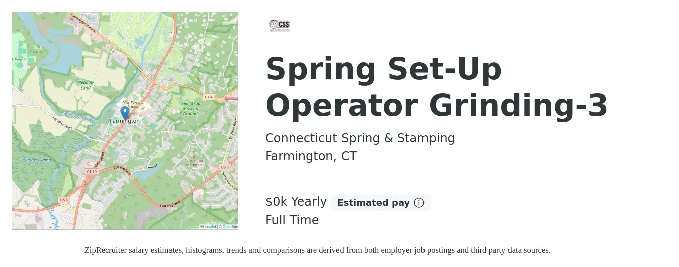 Connecticut Spring & Stamping job posting for a Spring Set-Up Operator Grinding-3 in Farmington, CT with a salary of $27 to $35 Yearly with a map of Farmington location.