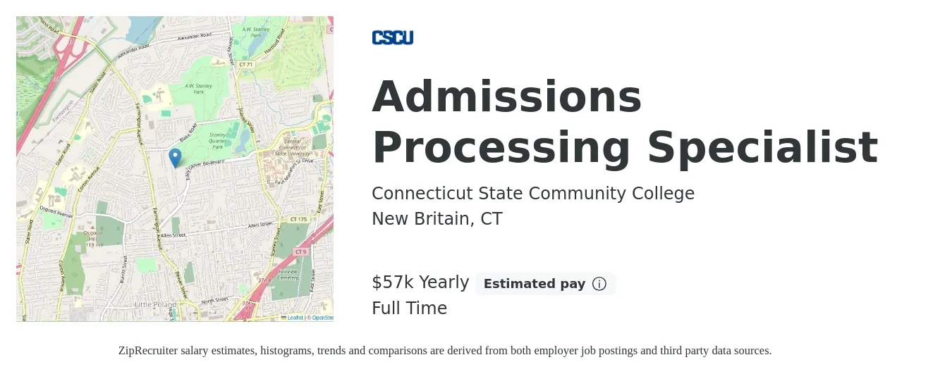 Connecticut State Community College job posting for a Admissions Processing Specialist in New Britain, CT with a salary of $57,121 Yearly with a map of New Britain location.