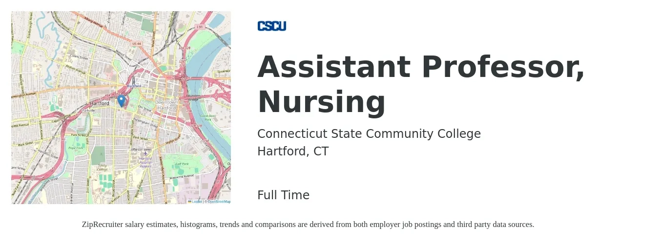 Connecticut State Community College job posting for a Assistant Professor, Nursing in Hartford, CT with a salary of $60,500 to $92,300 Yearly with a map of Hartford location.