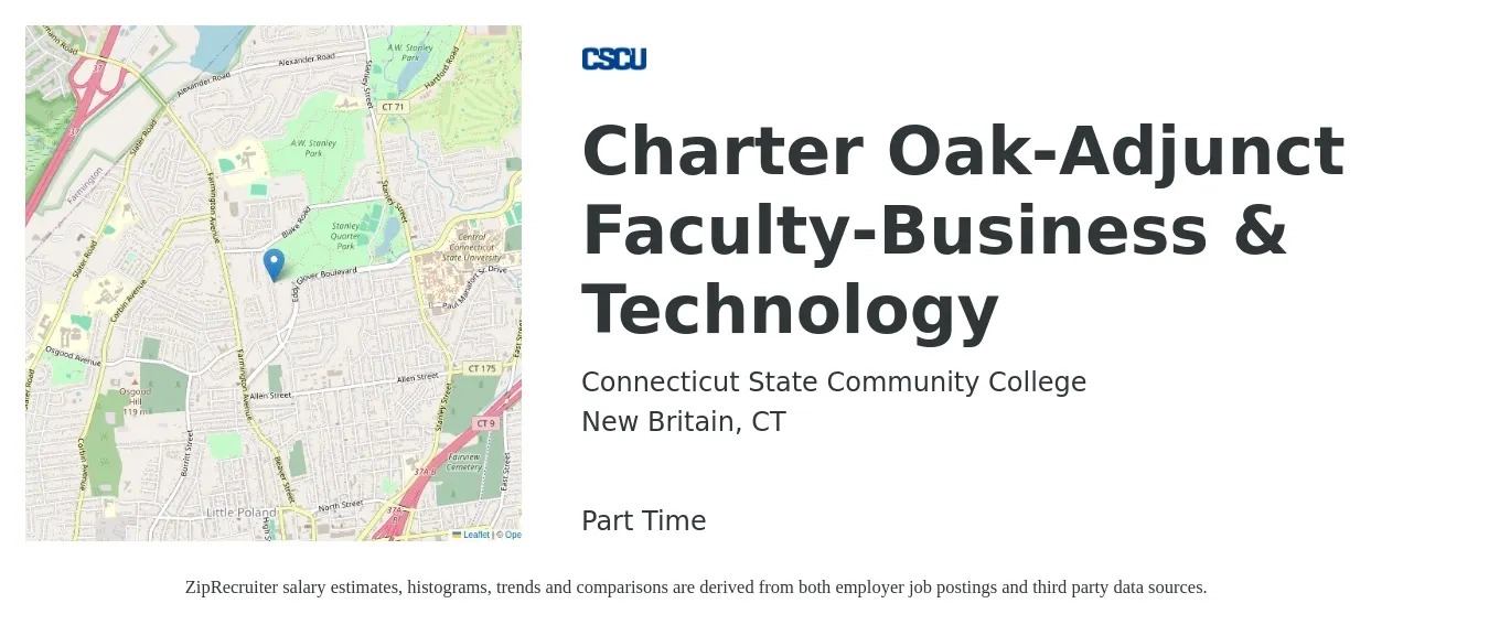 Connecticut State Community College job posting for a Charter Oak-Adjunct Faculty-Business & Technology in New Britain, CT with a salary of $30 to $60 Hourly with a map of New Britain location.