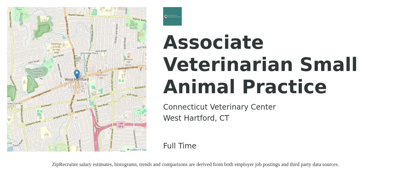 Connecticut Veterinary Center job posting for a Associate Veterinarian Small Animal Practice in West Hartford, CT with a salary of $104,300 to $168,400 Yearly with a map of West Hartford location.