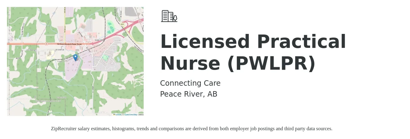 Connecting Care job posting for a Licensed Practical Nurse (PWLPR) in Peace River, AB with a map of Peace River location.