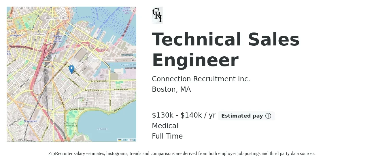 Connection Recruitment Inc. job posting for a Technical Sales Engineer in Boston, MA with a salary of $130,000 to $140,000 Yearly (plus commission) and benefits including life_insurance, medical, and pto with a map of Boston location.