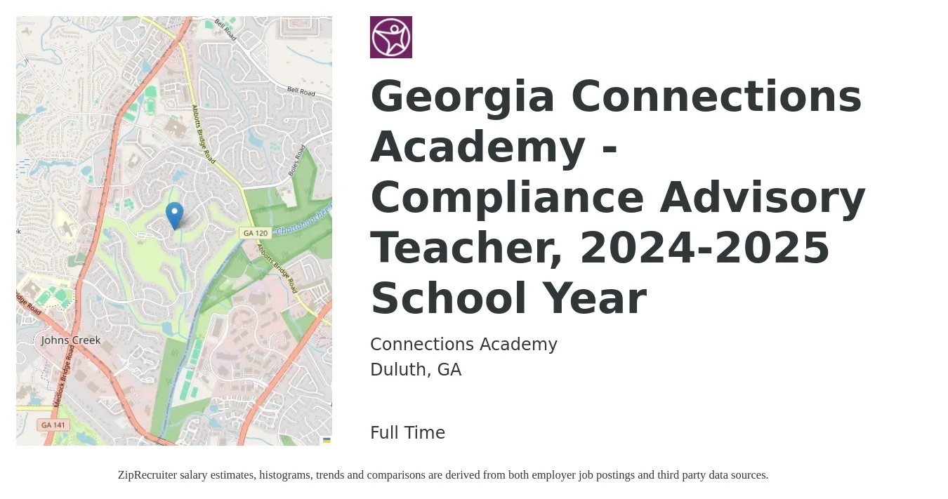 Connections Academy job posting for a Georgia Connections Academy - Compliance Advisory Teacher, 2024-2025 School Year in Duluth, GA with a salary of $42,400 to $60,300 Yearly with a map of Duluth location.