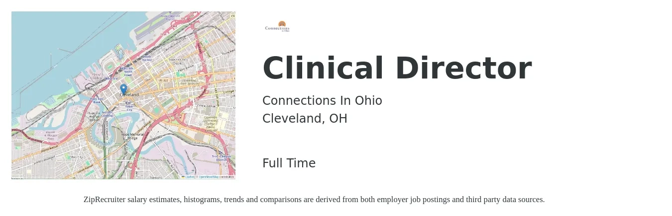 Connections In Ohio job posting for a Clinical Director in Cleveland, OH with a salary of $65,000 Yearly with a map of Cleveland location.
