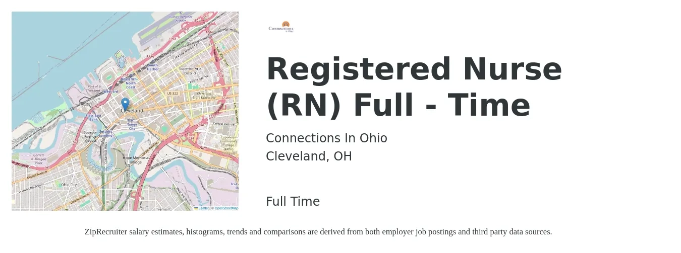 Connections In Ohio job posting for a Registered Nurse (RN) Full - Time in Cleveland, OH with a salary of $34 to $52 Hourly with a map of Cleveland location.