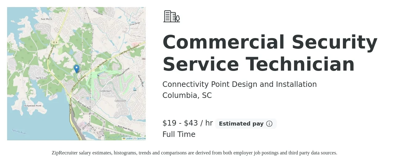 Connectivity Point Design and Installation job posting for a Commercial Security Service Technician in Columbia, SC with a salary of $20 to $45 Hourly with a map of Columbia location.