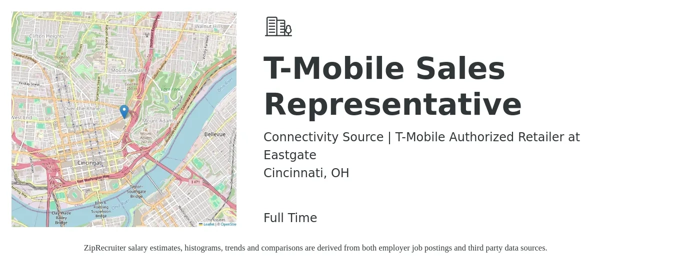 Connectivity Source | T-Mobile Authorized Retailer at Eastgate job posting for a T-Mobile Sales Representative in Cincinnati, OH with a salary of $14 to $21 Hourly with a map of Cincinnati location.