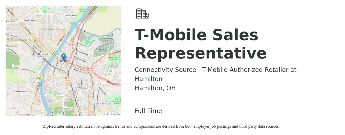 Connectivity Source | T-Mobile Authorized Retailer at Hamilton job posting for a T-Mobile Sales Representative in Hamilton, OH with a salary of $13 to $19 Hourly with a map of Hamilton location.