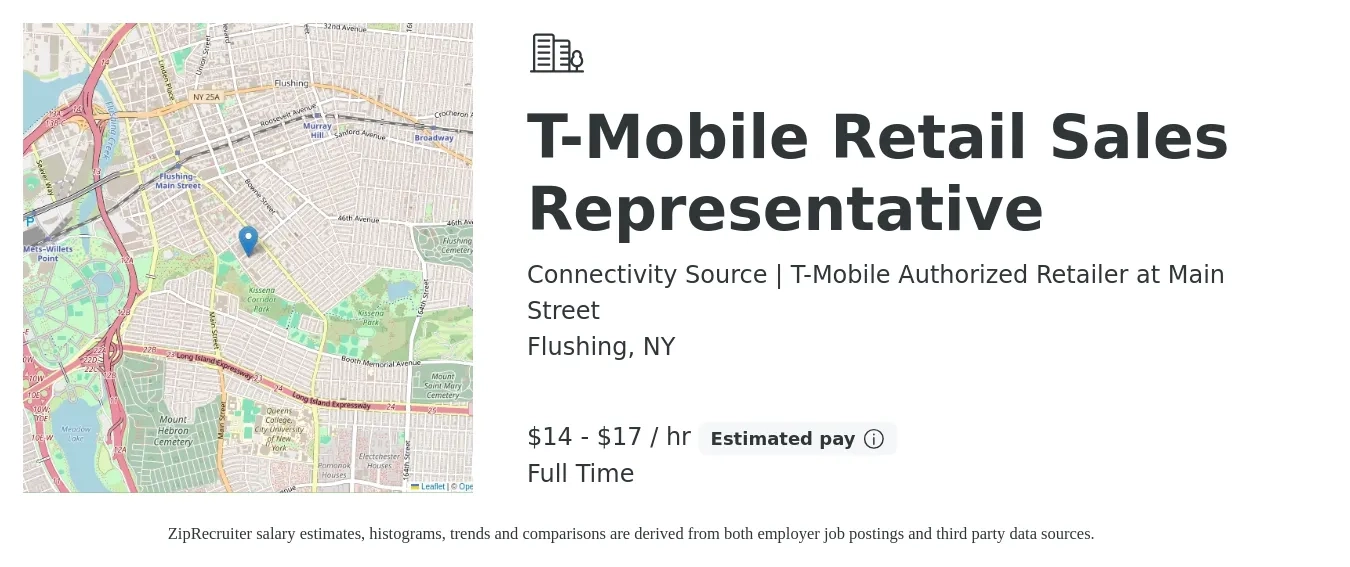 Connectivity Source | T-Mobile Authorized Retailer at Main Street job posting for a T-Mobile Retail Sales Representative in Flushing, NY with a salary of $15 to $18 Hourly with a map of Flushing location.