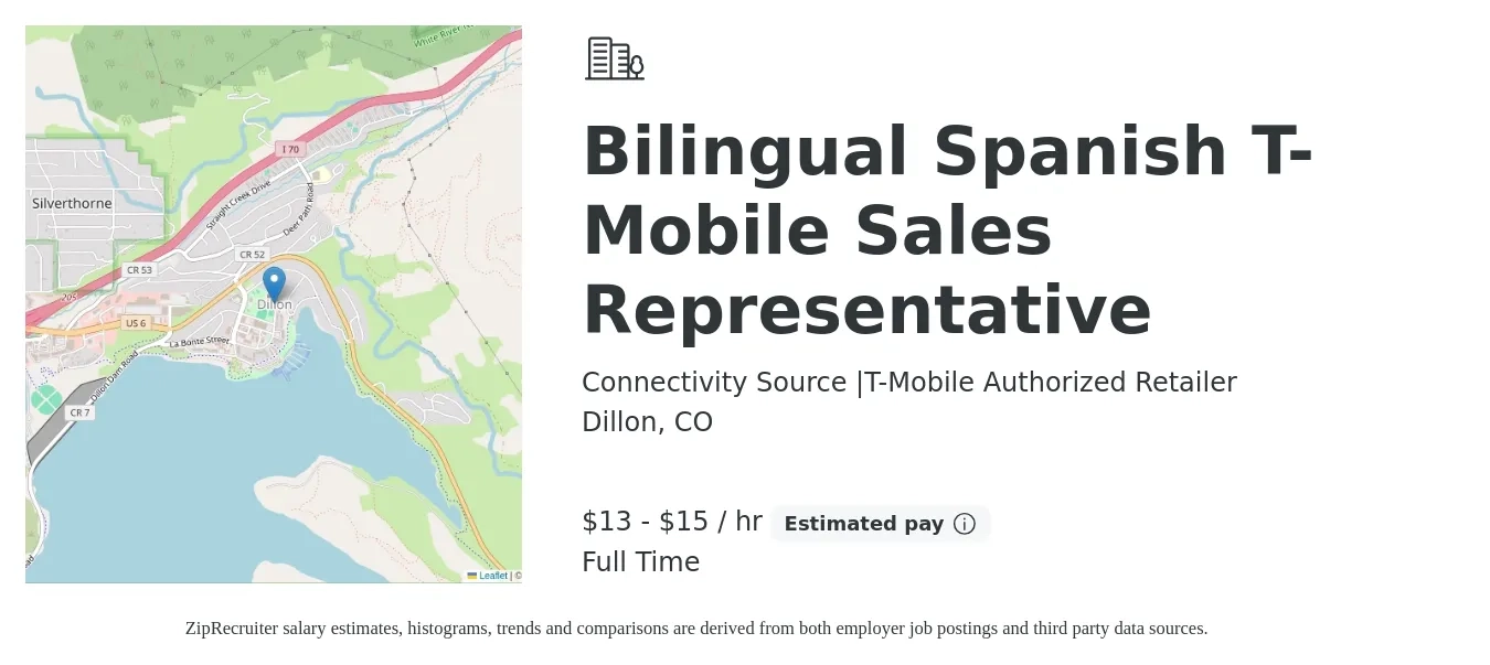Connectivity Source |T-Mobile Authorized Retailer job posting for a Bilingual Spanish T-Mobile Sales Representative in Dillon, CO with a salary of $14 to $16 Hourly with a map of Dillon location.