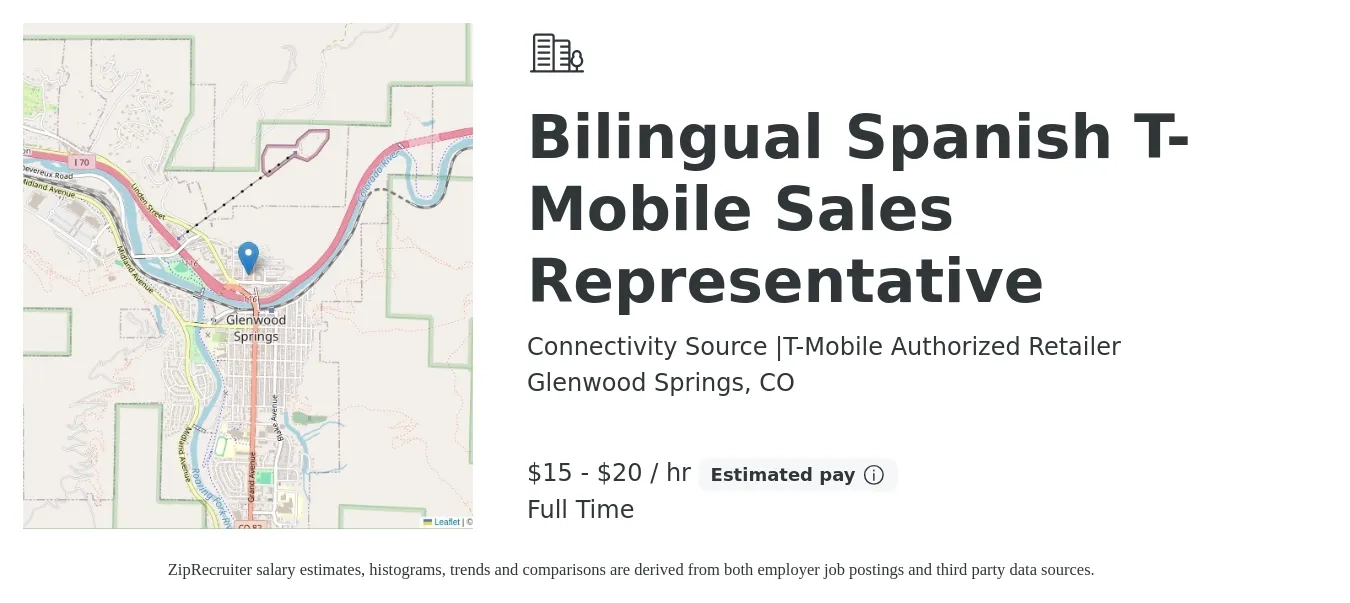 Connectivity Source |T-Mobile Authorized Retailer job posting for a Bilingual Spanish T-Mobile Sales Representative in Glenwood Springs, CO with a salary of $14 to $16 Hourly with a map of Glenwood Springs location.