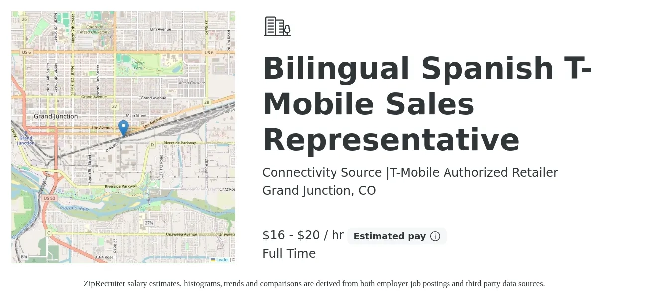 Connectivity Source |T-Mobile Authorized Retailer job posting for a Bilingual Spanish T-Mobile Sales Representative in Grand Junction, CO with a salary of $14 to $16 Hourly with a map of Grand Junction location.