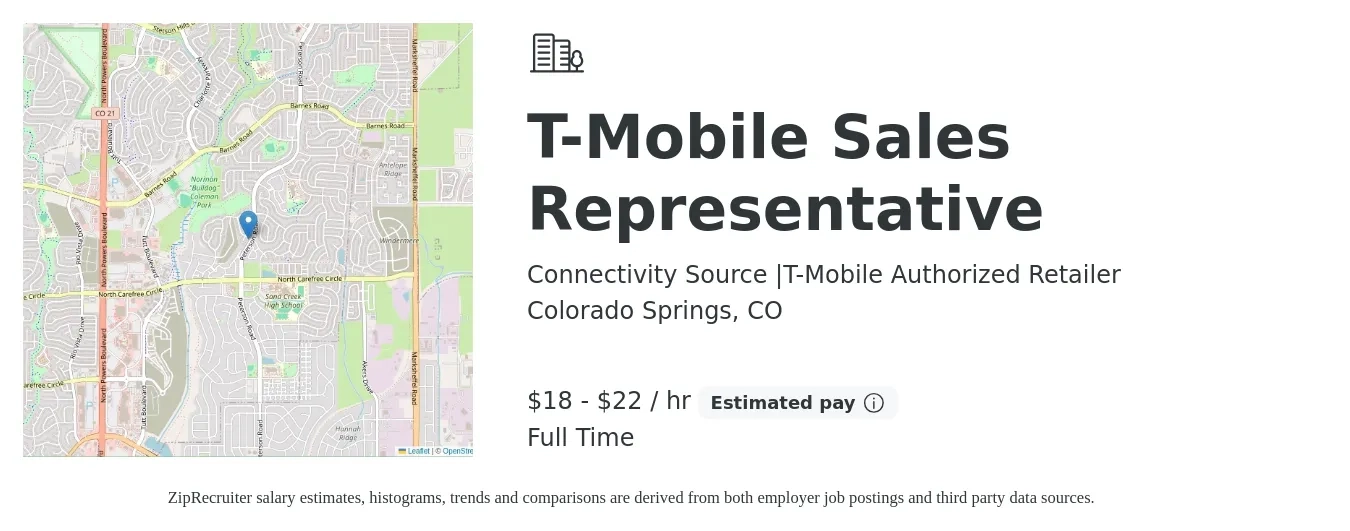 Connectivity Source |T-Mobile Authorized Retailer job posting for a T-Mobile Sales Representative in Colorado Springs, CO with a salary of $19 to $23 Hourly with a map of Colorado Springs location.