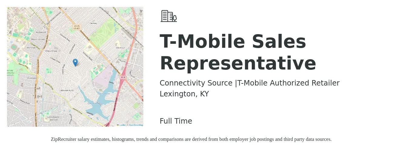 Connectivity Source |T-Mobile Authorized Retailer job posting for a T-Mobile Sales Representative in Lexington, KY with a salary of $13 to $19 Hourly with a map of Lexington location.