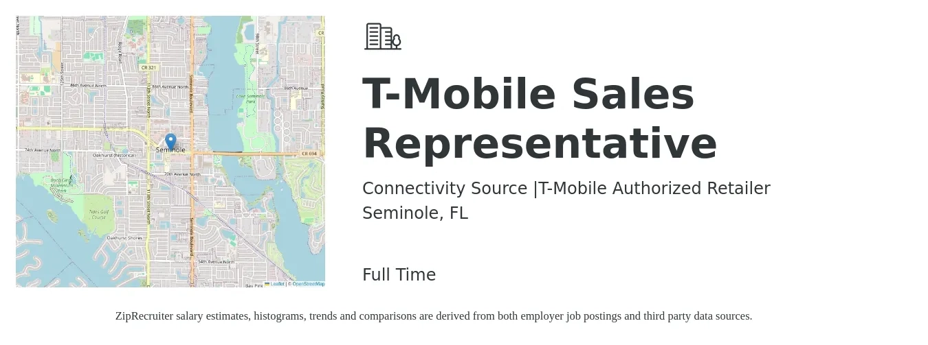 Connectivity Source |T-Mobile Authorized Retailer job posting for a T-Mobile Sales Representative in Seminole, FL with a salary of $14 to $21 Hourly with a map of Seminole location.