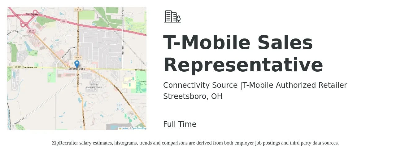 Connectivity Source |T-Mobile Authorized Retailer job posting for a T-Mobile Sales Representative in Streetsboro, OH with a salary of $14 to $21 Hourly with a map of Streetsboro location.