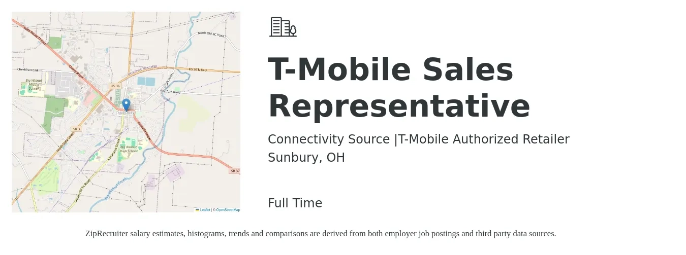 Connectivity Source |T-Mobile Authorized Retailer job posting for a T-Mobile Sales Representative in Sunbury, OH with a salary of $14 to $20 Hourly with a map of Sunbury location.