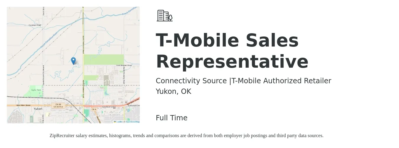 Connectivity Source |T-Mobile Authorized Retailer job posting for a T-Mobile Sales Representative in Yukon, OK with a salary of $13 to $19 Hourly with a map of Yukon location.