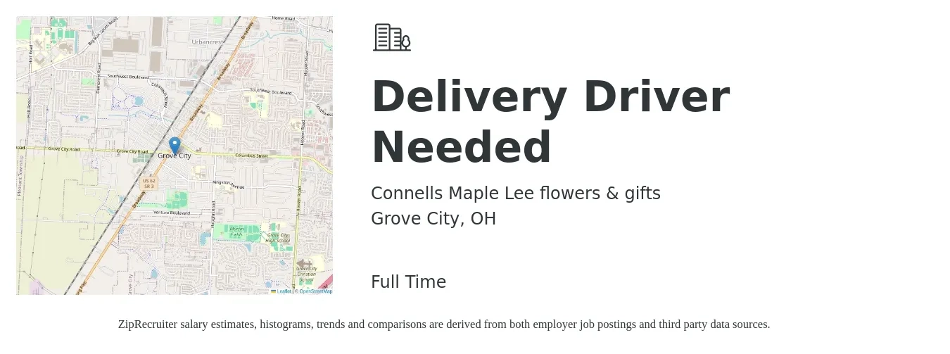 Connells Maple Lee flowers & gifts job posting for a Delivery Driver Needed in Grove City, OH with a salary of $16 to $20 Hourly with a map of Grove City location.