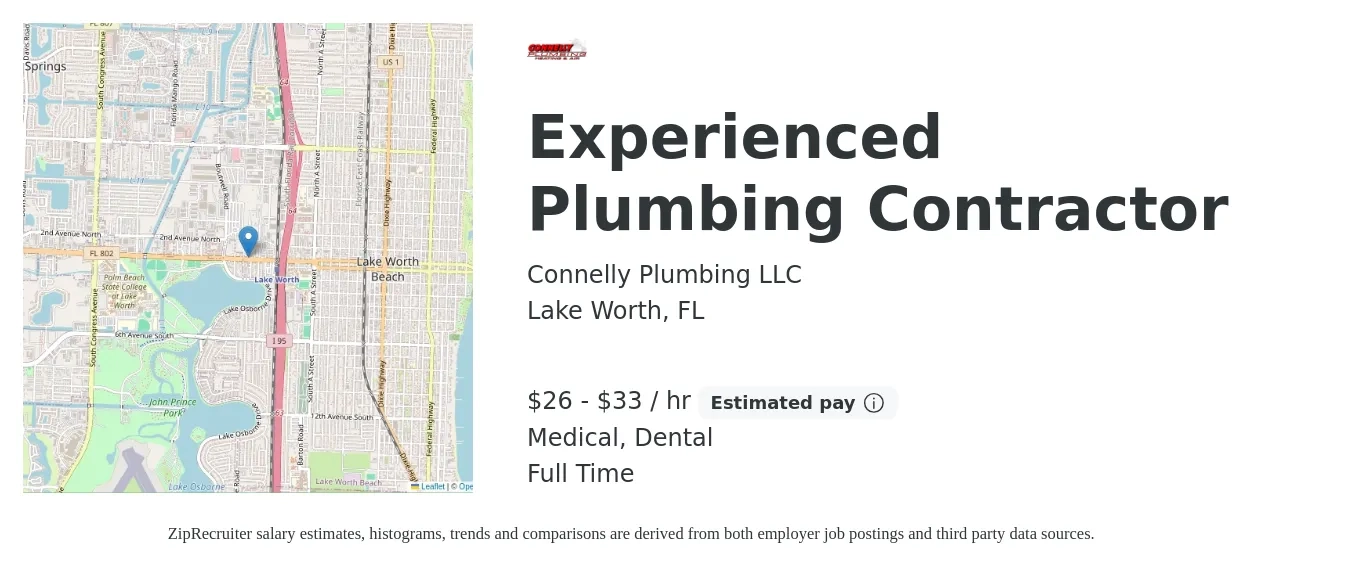 Connelly Plumbing LLC job posting for a Experienced Plumbing Contractor in Lake Worth, FL with a salary of $28 to $35 Hourly and benefits including dental, and medical with a map of Lake Worth location.