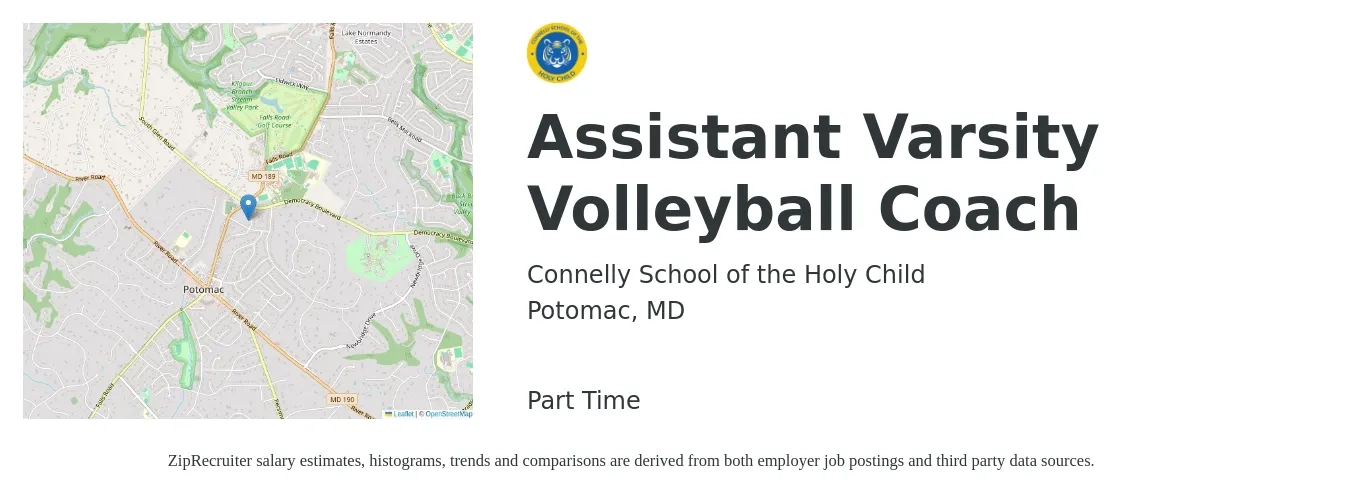 Connelly School of the Holy Child job posting for a Assistant Varsity Volleyball Coach in Potomac, MD with a salary of $12 to $33 Hourly with a map of Potomac location.