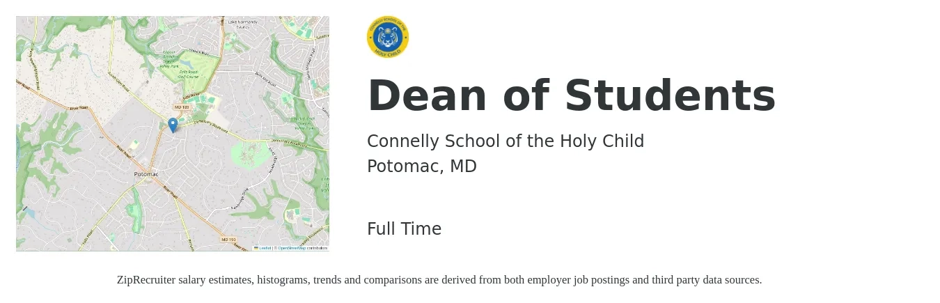 Connelly School of the Holy Child job posting for a Dean of Students in Potomac, MD with a salary of $56,900 to $94,600 Yearly with a map of Potomac location.