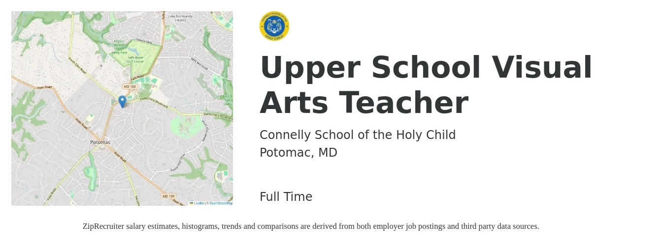 Connelly School of the Holy Child job posting for a Upper School Visual Arts Teacher in Potomac, MD with a salary of $50,700 to $64,600 Yearly with a map of Potomac location.