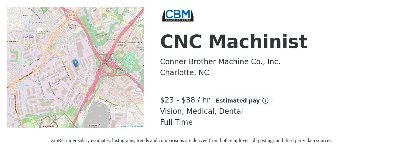 Conner Brother Machine Co., Inc. job posting for a CNC Machinist in Charlotte, NC with a salary of $24 to $40 Hourly and benefits including vision, dental, medical, and retirement with a map of Charlotte location.