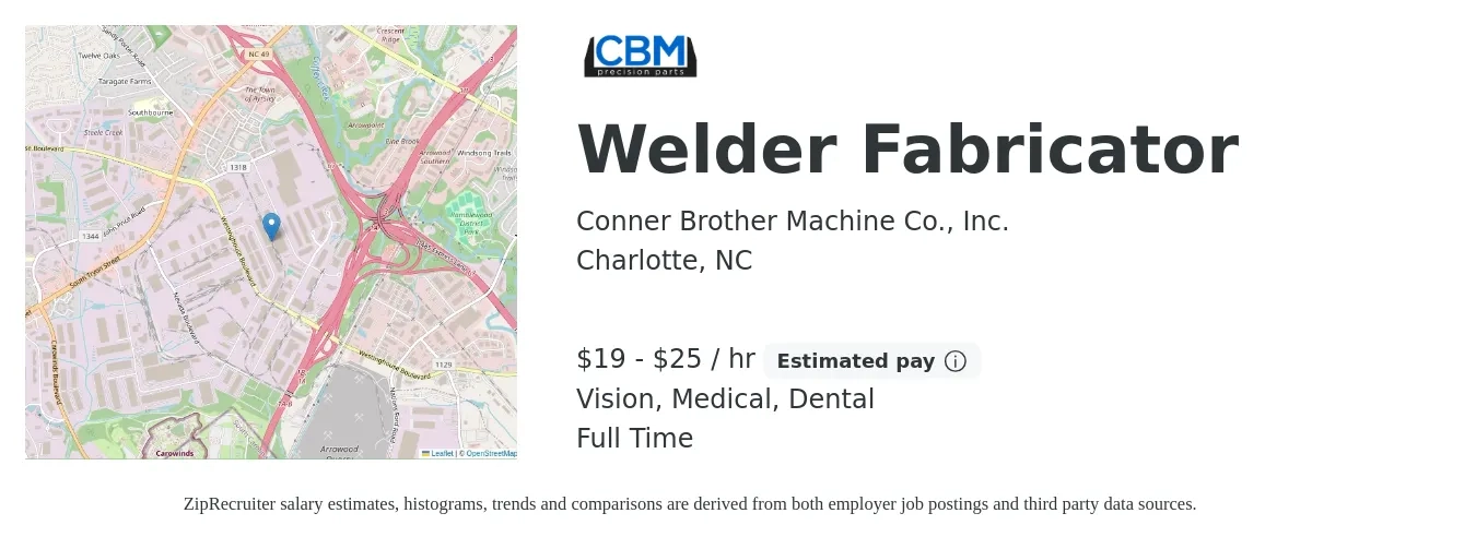 Conner Brother Machine Co., Inc. job posting for a Welder Fabricator in Charlotte, NC with a salary of $20 to $26 Hourly and benefits including dental, medical, retirement, and vision with a map of Charlotte location.