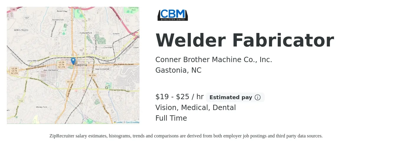 Conner Brother Machine Co., Inc. job posting for a Welder Fabricator in Gastonia, NC with a salary of $20 to $26 Hourly and benefits including medical, retirement, vision, and dental with a map of Gastonia location.