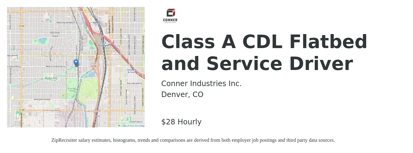 Conner Industries Inc. job posting for a Class A CDL Flatbed and Service Driver in Denver, CO with a salary of $30 Hourly with a map of Denver location.
