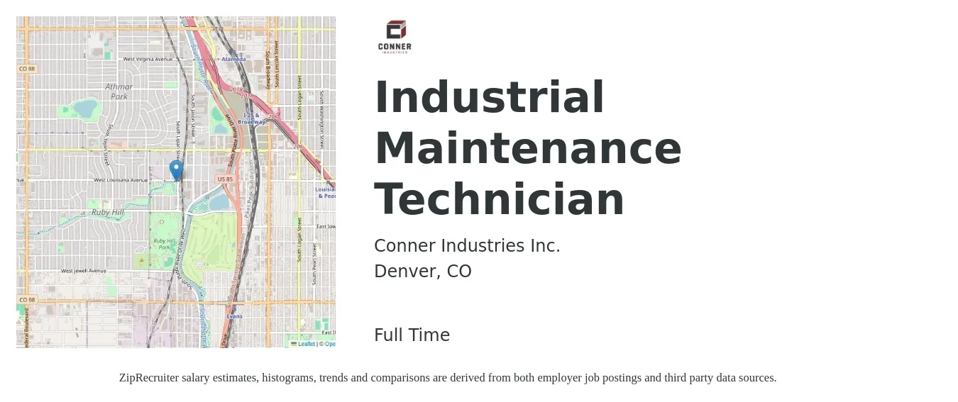 Conner Industries Inc. job posting for a Industrial Maintenance Technician in Denver, CO with a salary of $27 Hourly with a map of Denver location.